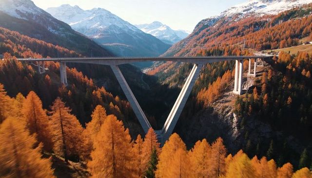 Alpine viaduct cutting through autumn larch forest with v-shaped concrete piers