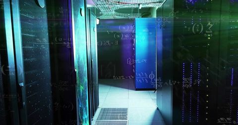 Futuristic data center with glowing server racks and network cables