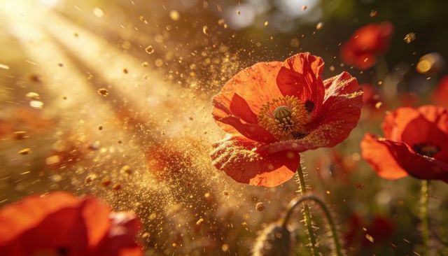 Golden backlit red poppy releasing pollen in sunlit meadow