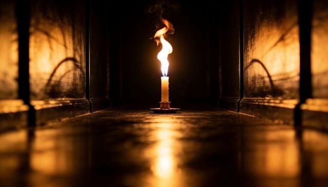 Lonely burning candle in dark corridor casting warm reflections and curling smoke