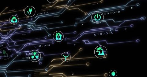 Futuristic Digital Circuit with Environmental Icons