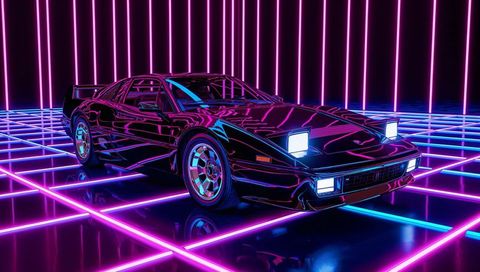 Glowing 80s wedge sports car reflecting magenta-cyan neon grid, synthwave retro future