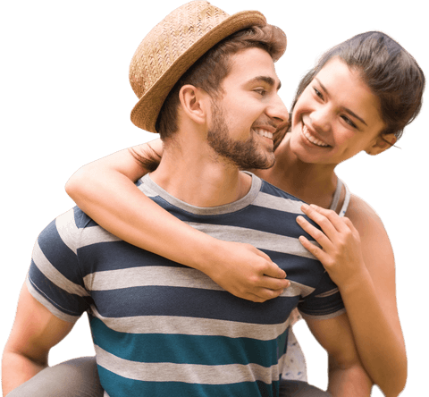 Transparent Joyful Couple Embracing Piggyback Ride Outdoors