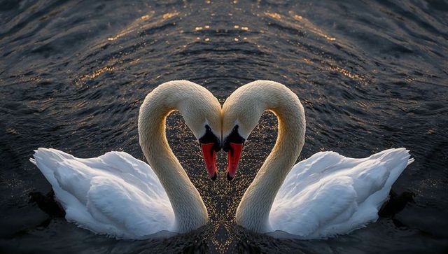 Gliding swans forming heart shape on golden backlit lake at sunrise romantic waterfowl