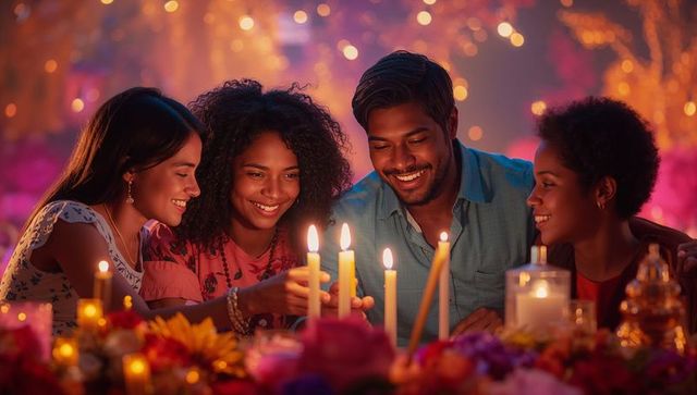 Friends celebrating in warm candlelit garden gathering