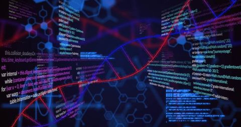 Neon DNA Double Helix with Floating Code Panels and Hex Lattice for Futuristic Biotech Data