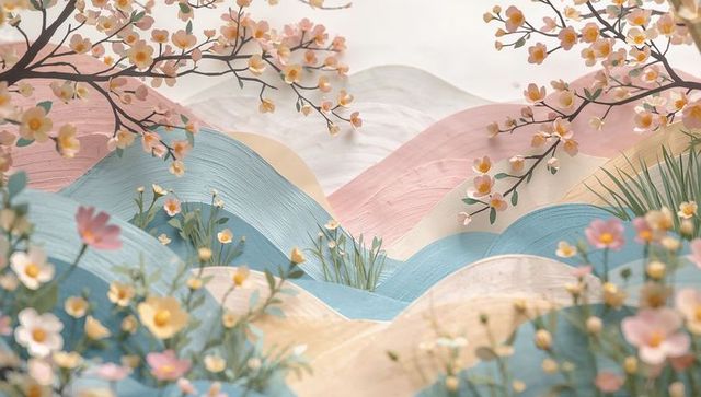 Pastel paper-cut hills with blooming paper flowers in textured handmade diorama