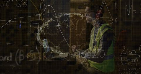 Engineer analyzing data with digital brain overlay in server room