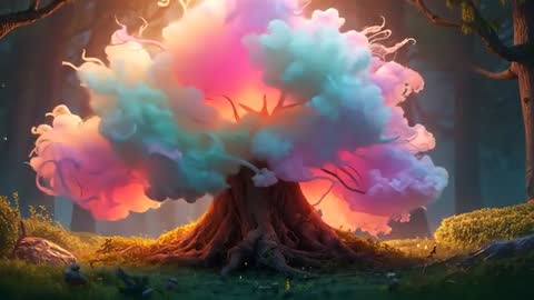 Enchanted Tree Releasing Pastel Glow Over Forest Clearing — Magical Canopy Animation