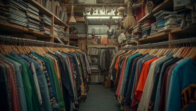 Vintage thrift aisle showcasing colorful retro clothing on wooden hangers, cozy boutique