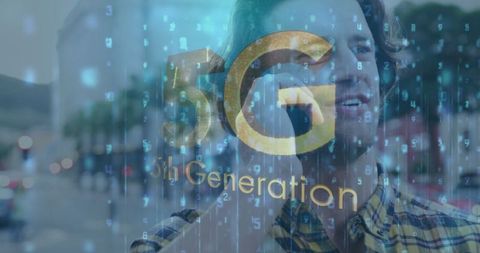 Man on Smartphone With 5G Digital Overlay Background