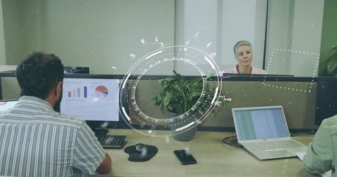 Open-Plan Office with Exploding Holographic Financial Data