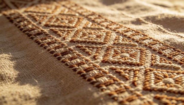Handwoven linen band embroidery with geometric diamond motifs in warm brown threads