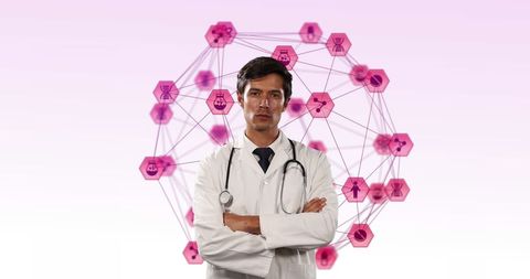 Confident Doctor with Pink Digital Icons in Medical Network