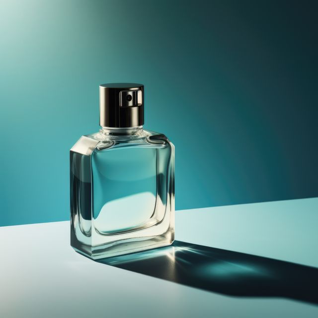 Luxury perfume bottle placed on white surface with elegant shadow casting against aqua background. Glass bottle with sleek design and reflective properties. Perfect for use in advertising campaigns, cosmetic product promotions, fashion, fragrance industry, and beauty-related content.