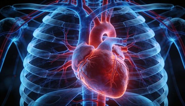 Transparent ribcage revealing detailed human heart, aorta and coronary vessels
