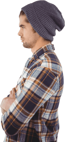 Side View of Confident Male Hipster with Beard and Casual Clothing on Transparent Background