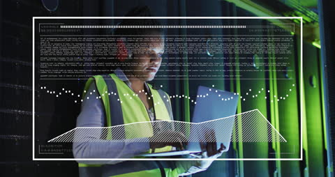 Data Engineer Managing Server Room with Laptop and Analytics Overlay