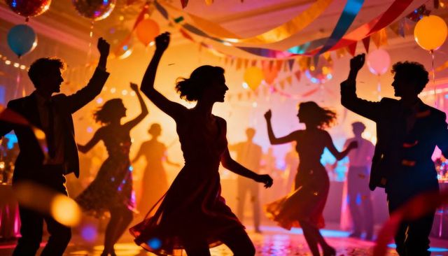 Silhouetted dancers celebrating under disco lights in vibrant ballroom party