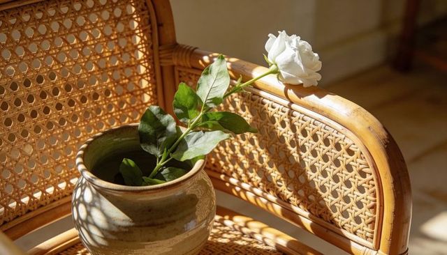 Sunlit white rose resting in glazed ceramic pot on woven rattan chair