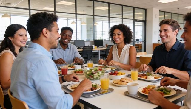 Diverse coworkers enjoying healthy office lunch and casual networking in modern breakroom