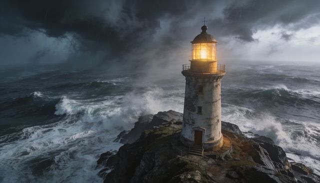 Weathered lighthouse standing on jagged coastline casting warm beacon through stormy night