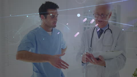 Doctors Discussing Medical Innovations Amid Digital Interface