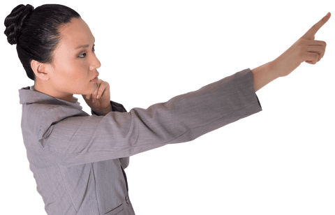 Asian businesswoman interacting with virtual screen on transparent background
