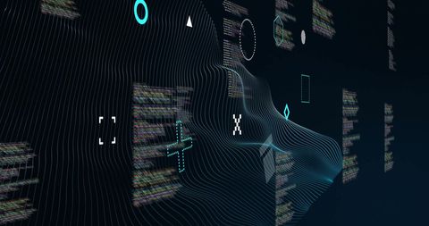 Abstract network wave with data and shapes on black background