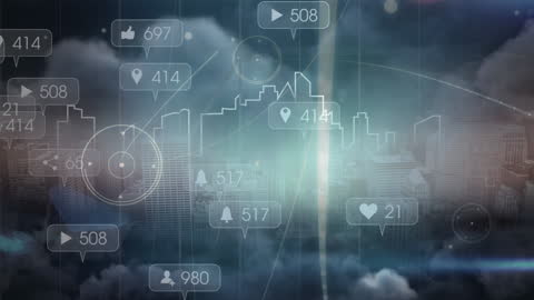 Digital Media Icons Over Urban Skyline with Network Connections