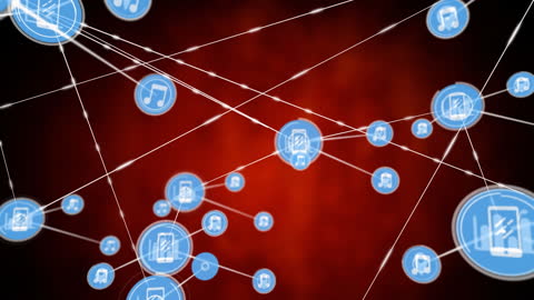 Digital Media Icons Network Visual on Red Solid Background