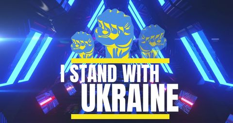 Stand with ukraine fist banners in futuristic blue tunnel