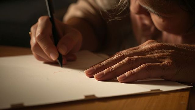 Senior Hands Writing on Paper with Pen Closeup Warm Desk Light Intimate Study Moment