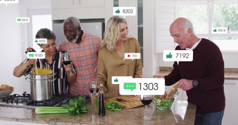 Happy Seniors Engaging in Cooking with Social Media Icons