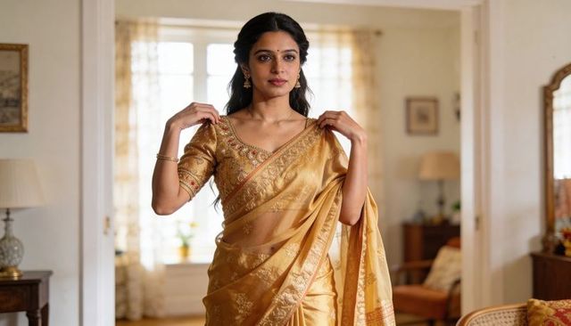 Indian woman adjusting gold silk saree in sunlit living room wearing traditional earrings