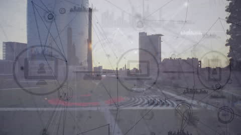 Futuristic Cityscape with Digital Data Connections Overlay