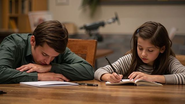 Parent and child studying on wooden table, cozy homework moment showing focus and caregiving