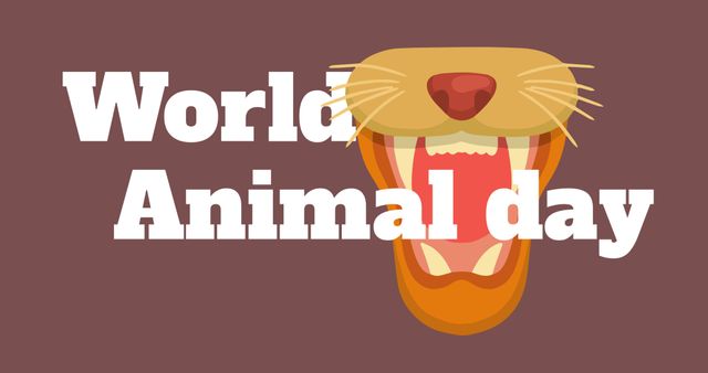 Illustration of world animal day text with tiger mouth and teeth on purple background. Cartoon, computer graphics, vector, world animal day, environmental conservation, wild animal.