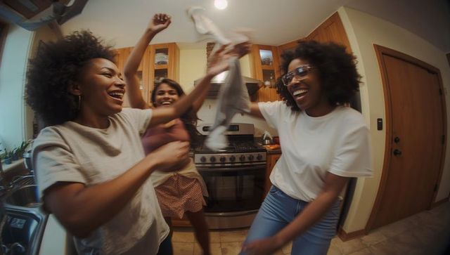 Three friends dancing and celebrating in cozy home kitchen waving dish towel and laughing
