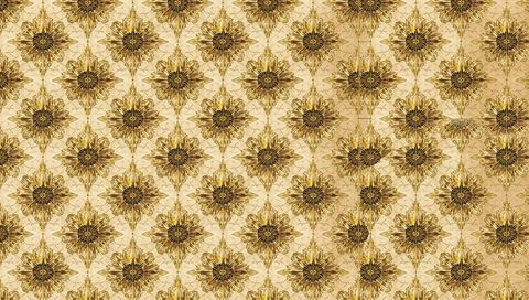 Ornate gold floral medallion wallpaper repeating metallic foil pattern on parchment