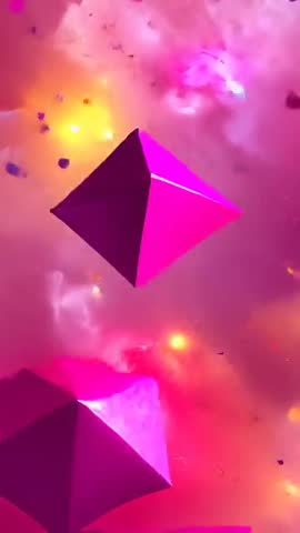 Rotating Magenta Polyhedron Emerging Through Neon Pink Cloud Vertical Loop