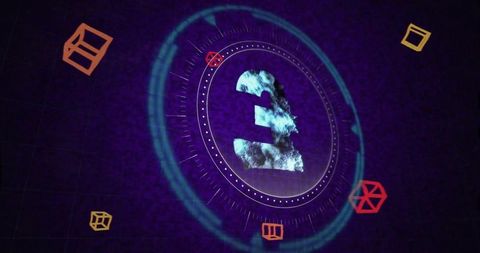 Rotating rocky numeral three with teal glow, neon hud rings, wire cubes and red polyhedron