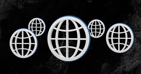 Floating 3d globe icons over black marble backdrop for global network and digital branding