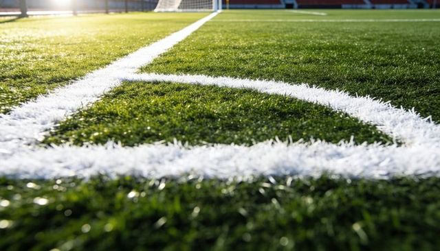 Sunlit soccer corner showing painted white arc on artificial turf with goal and sun glare