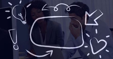 Colleagues collaborating over laptop brainstorming with creative doodle overlay