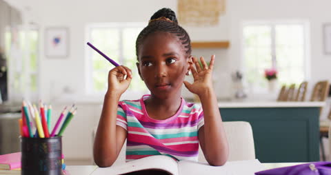 Thoughtful Girl Engaged in Online Learning at Home