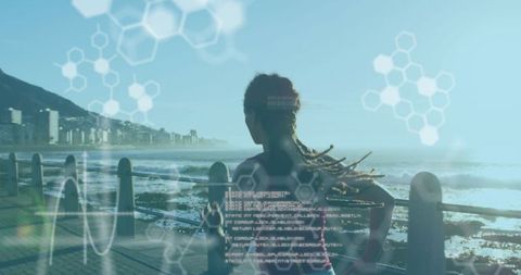 African american woman running with science overlay