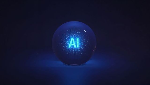 Glowing blue ai orb emitting digital particle burst in dark minimal tech scene