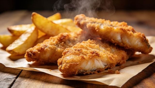 Steaming crispy breaded fish fillets with potato wedges on rustic wood