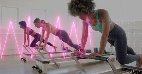 Diverse Women Doing Pilates with Modern Neon Wave Overlay